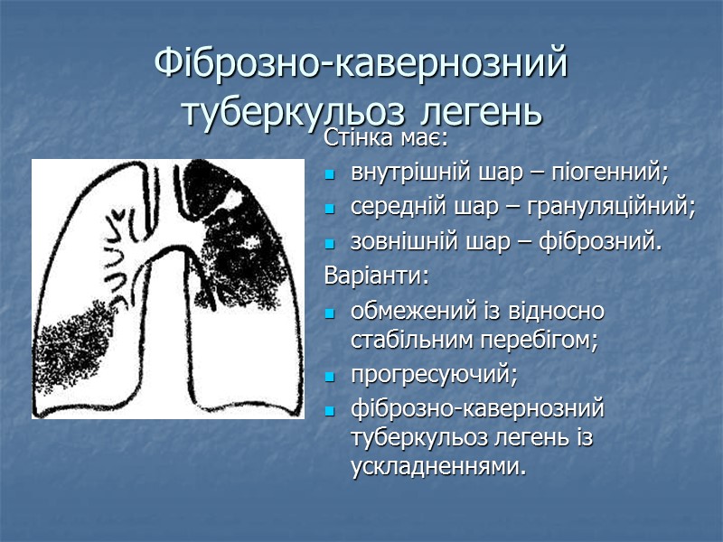 Фіброзно-кавернозний туберкульоз легень Стінка має: внутрішній шар – піогенний; середній шар – грануляційний; зовнішній